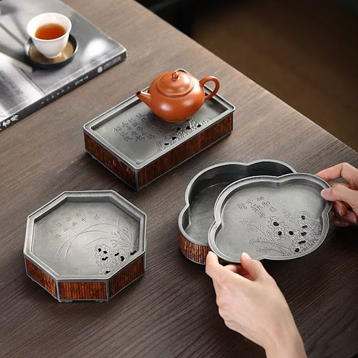 Khay trà Thiếc ốp Tre Hoa